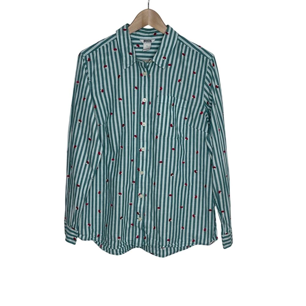 Duluth Trading Mushroom Embroidered Stripe Button Shirt Women Large Cotton
